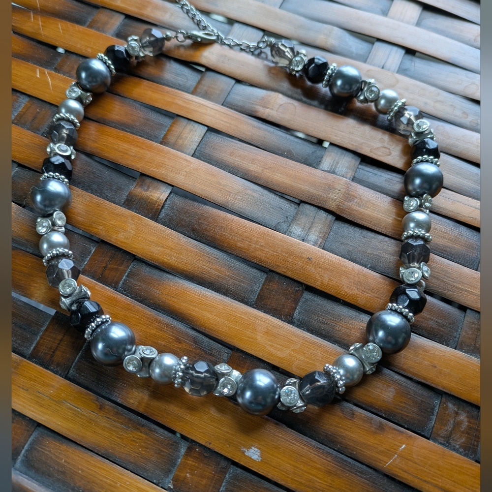 Gray & Black Faux Pearl, Crystal And Silver Choker Necklace